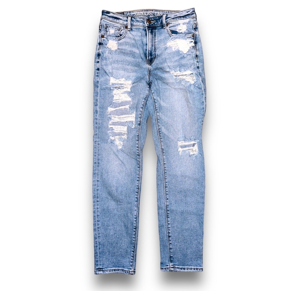 P1 American Eagle Mom‎ Jeans Size 2 Reg Super Distressed Ripped Torn Women's